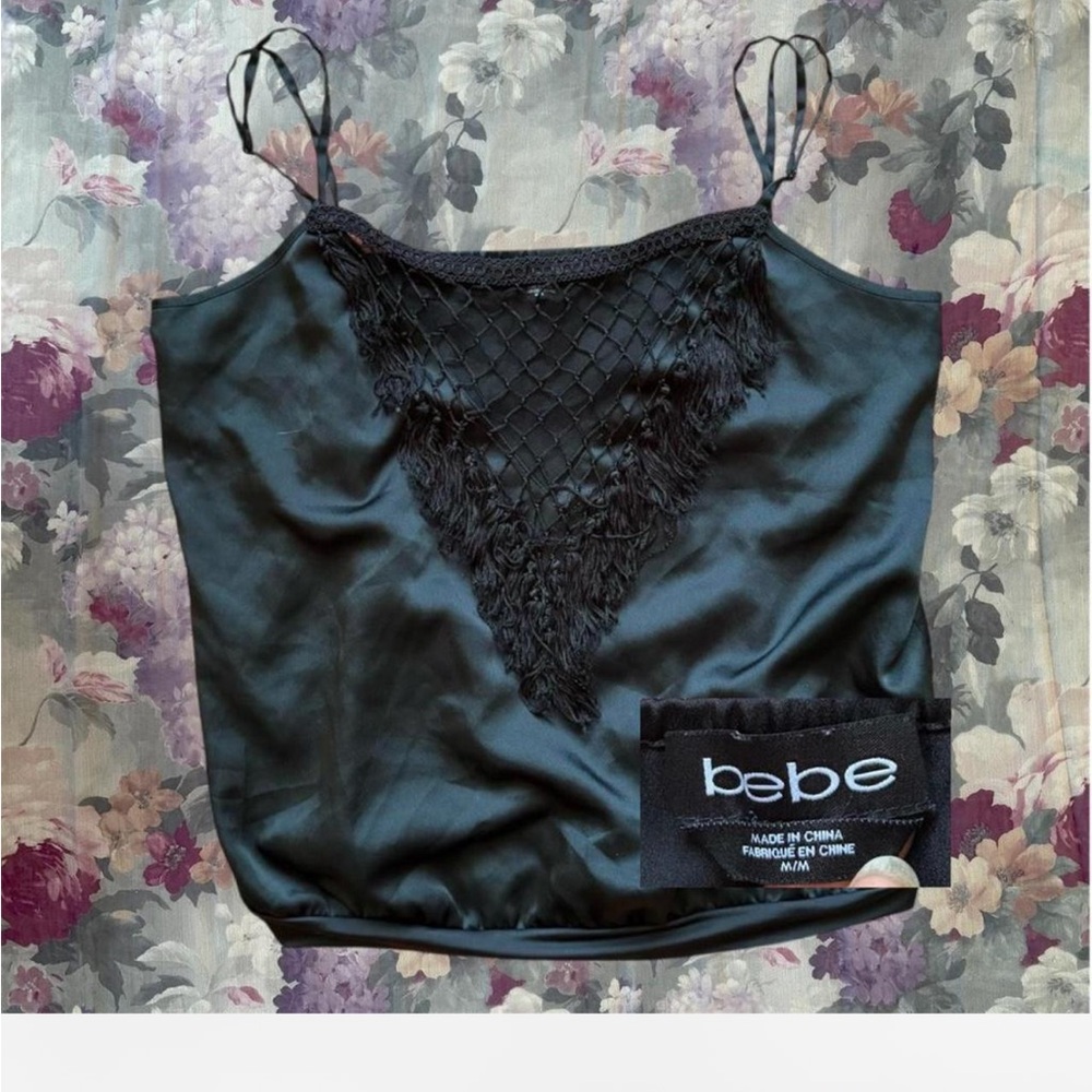 bebe Black Satin Lace-Trim Slip Cami